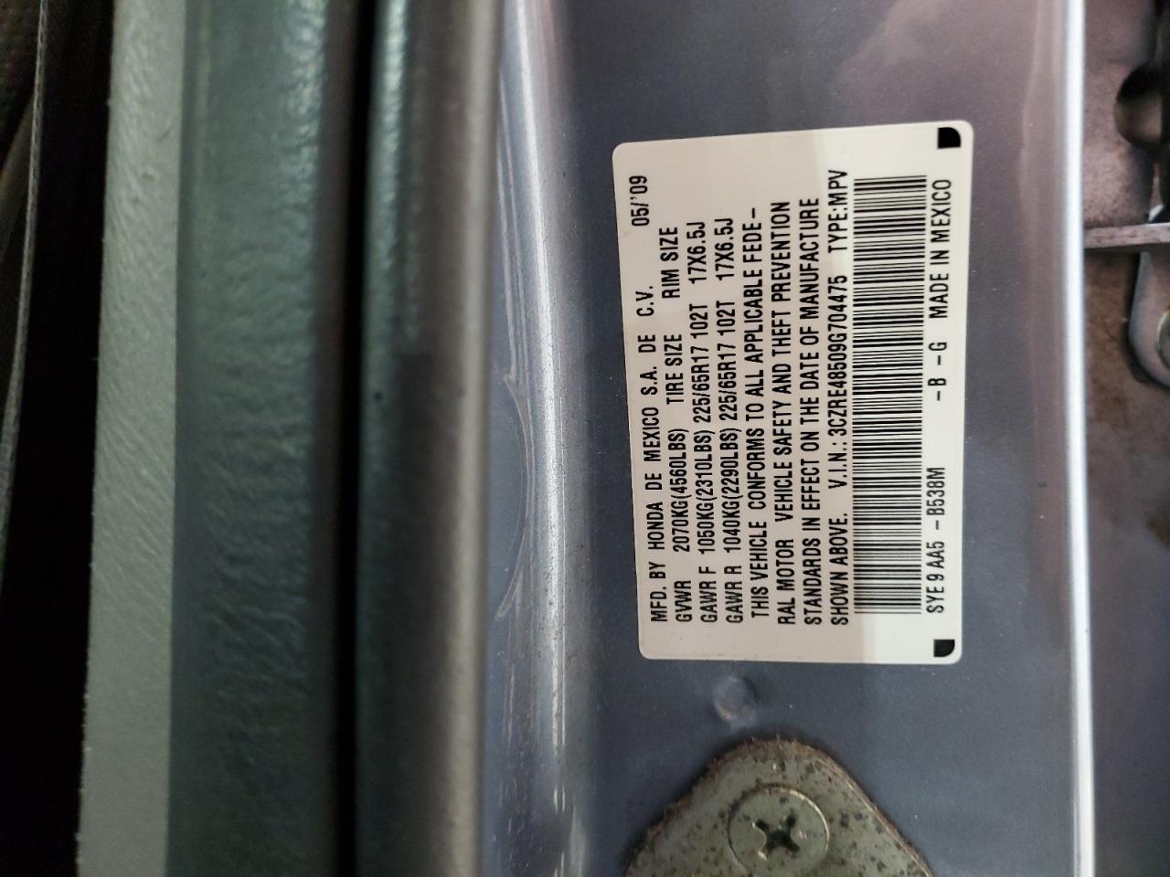 2009 Honda Cr-V Ex VIN: 3CZRE48509G704475 Lot: 66955804