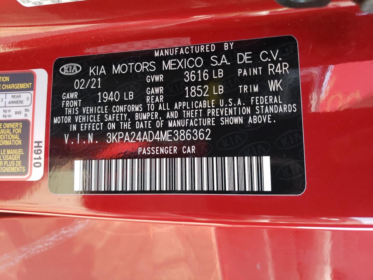 2021 Kia Rio Lx VIN: 3KPA24AD4ME386362 Lot: 51841004