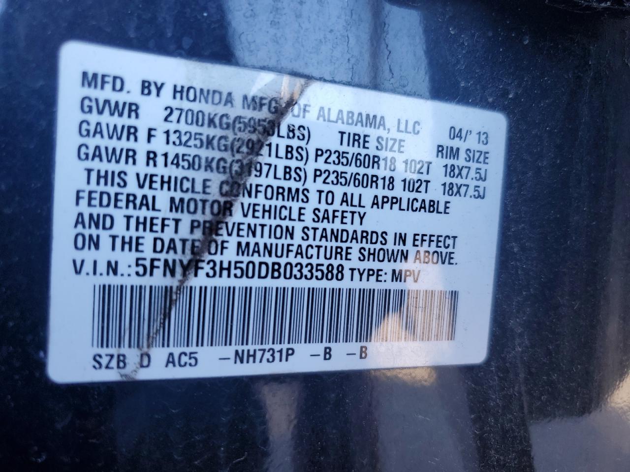 2013 Honda Pilot Exl VIN: 5FNYF3H50DB033588 Lot: 49052684