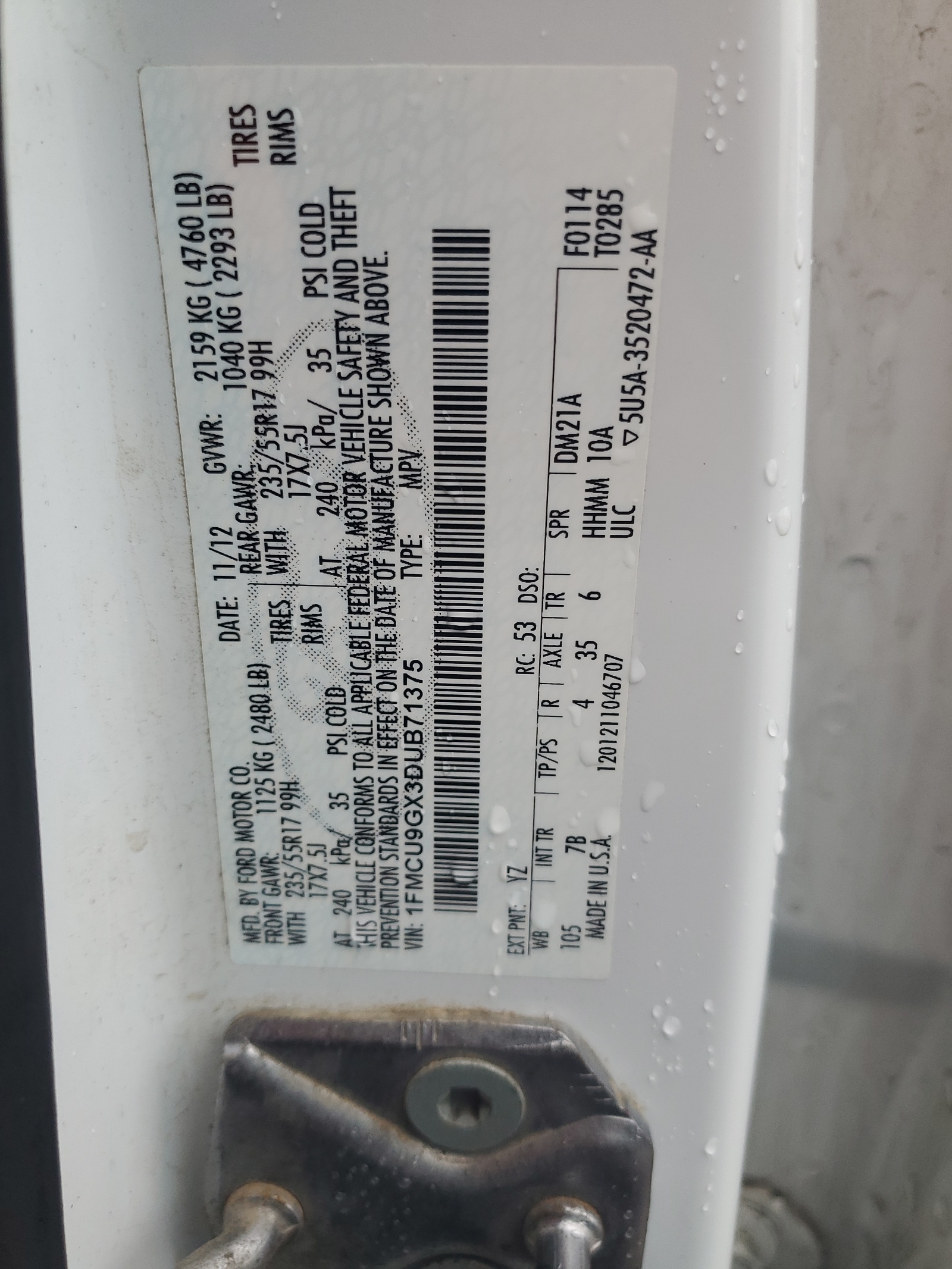 1FMCU9GX3DUB71375 2013 Ford Escape Se