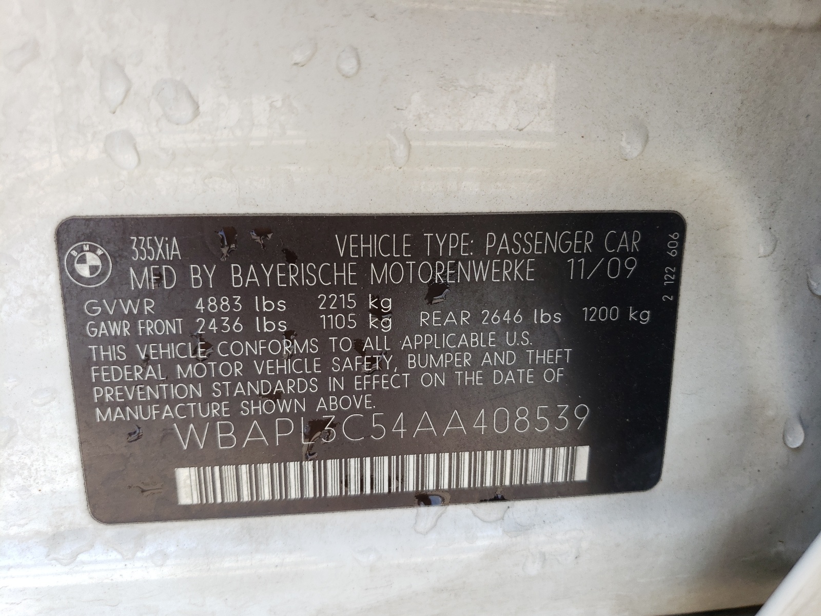 WBAPL3C54AA408539 2010 BMW 335 Xi