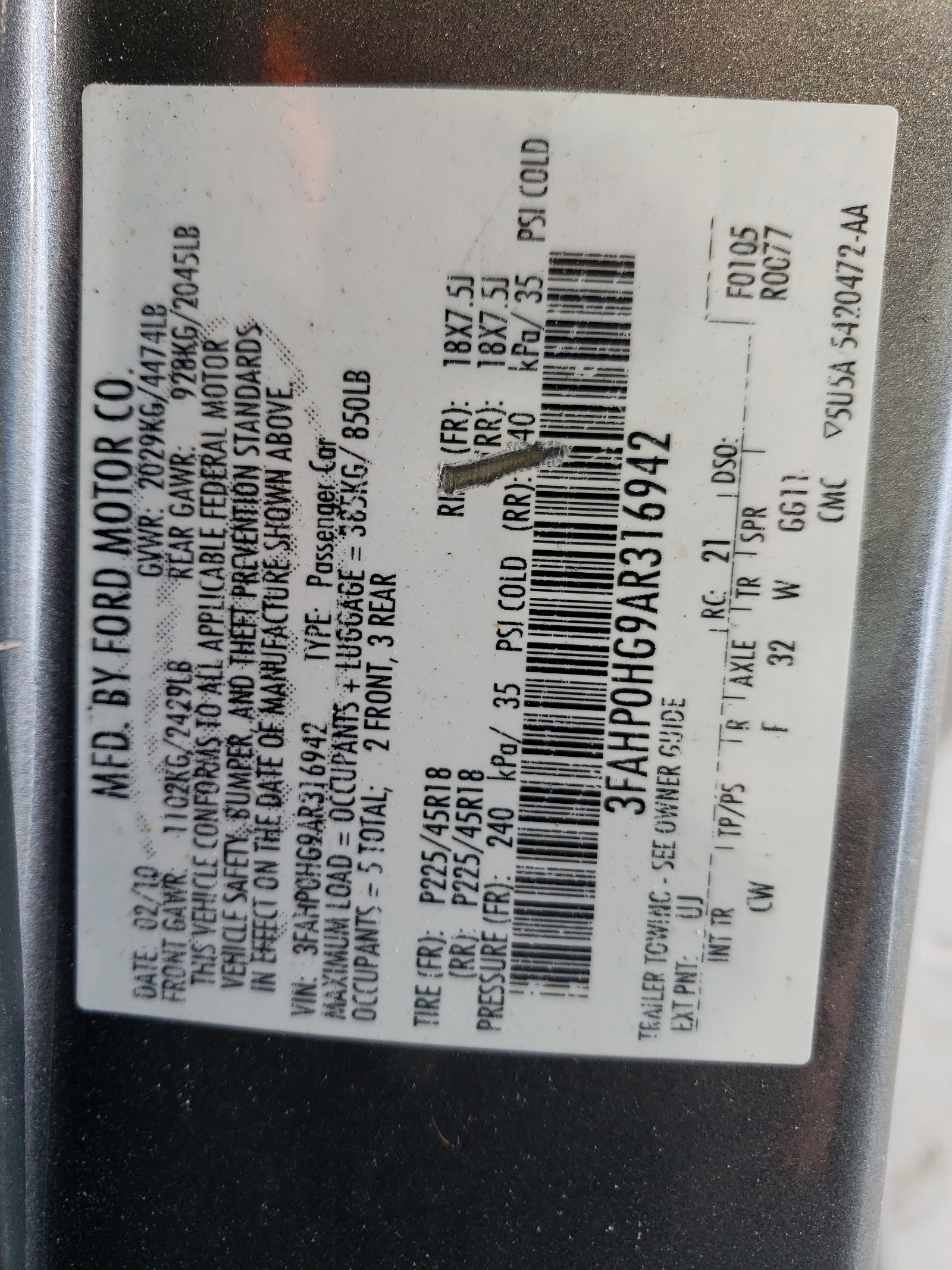 3FAHP0HG9AR316942 2010 Ford Fusion Se