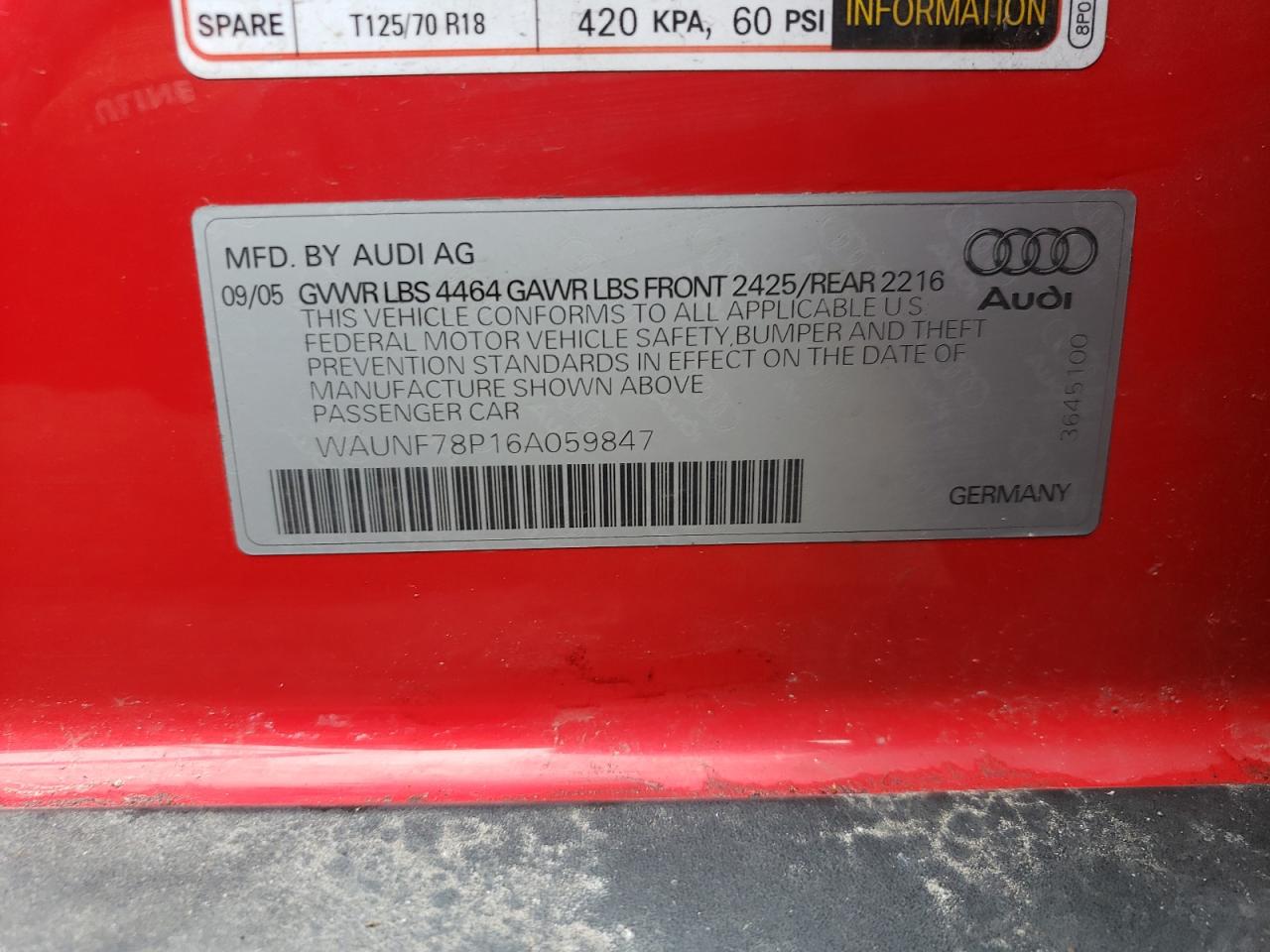 WAUNF78P16A059847 2006 Audi A3 2.0 Premium