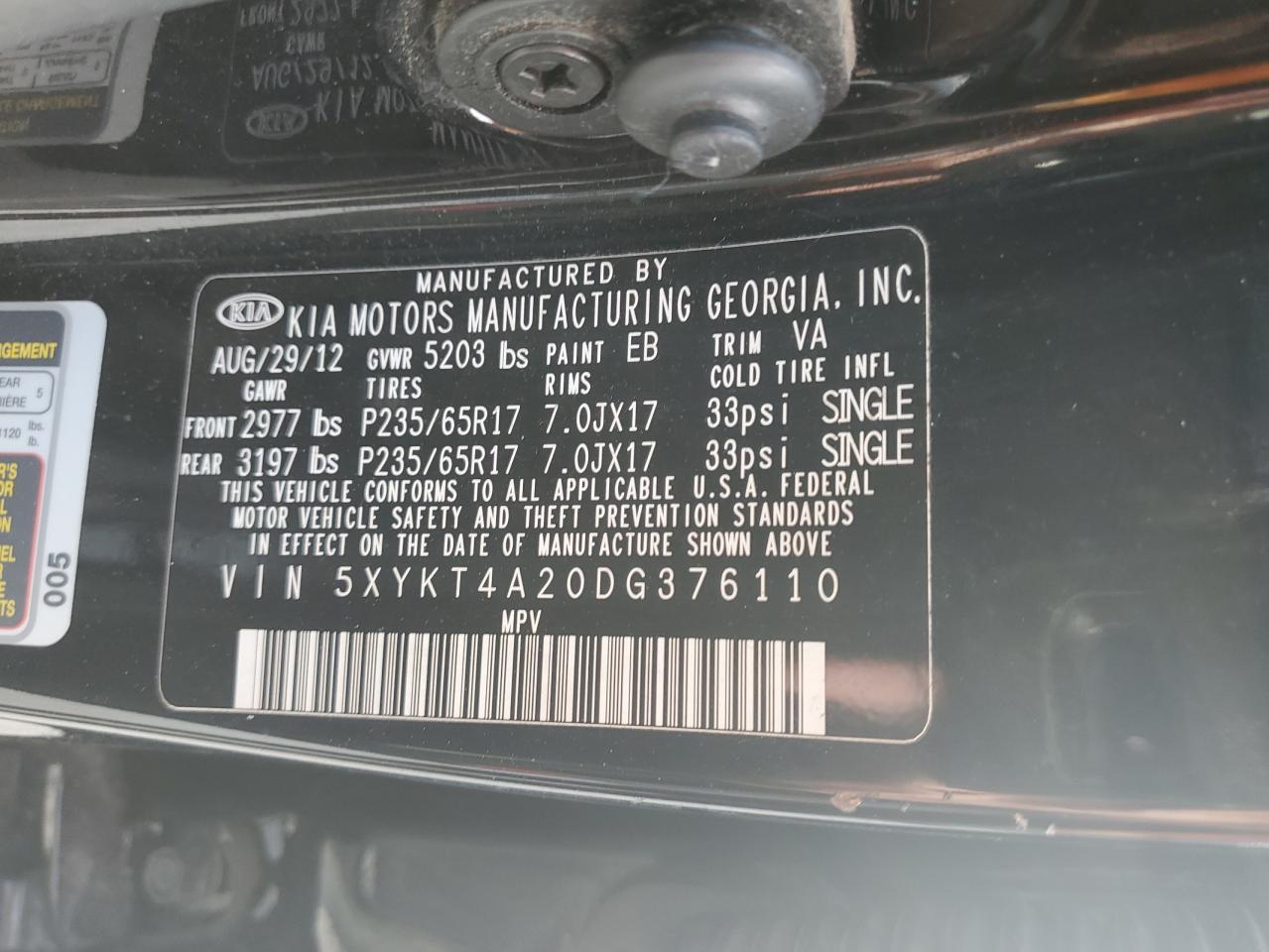 2013 Kia Sorento Lx VIN: 5XYKT4A20DG376110 Lot: 52388774