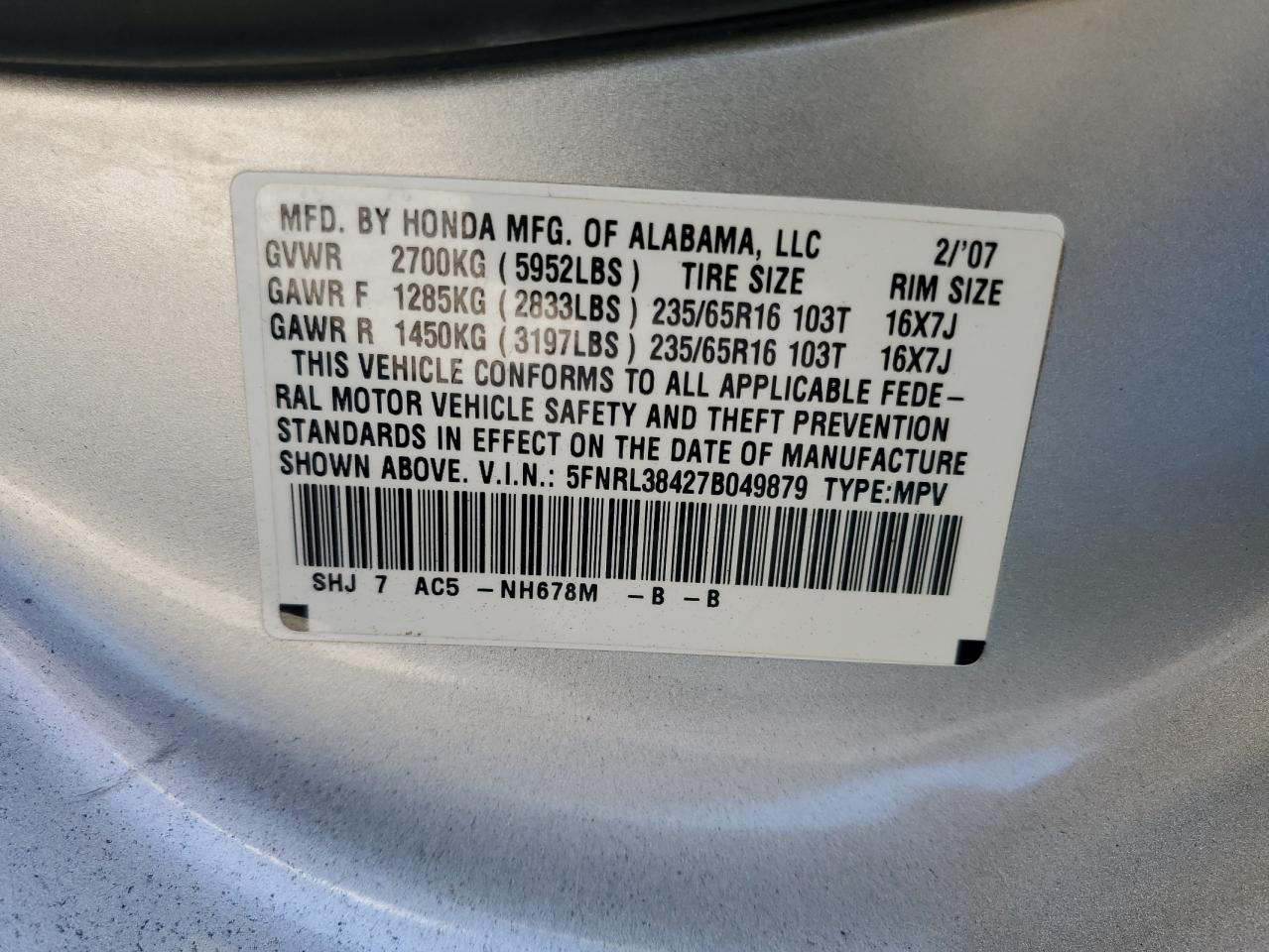 2007 Honda Odyssey Ex VIN: 5FNRL38427B049879 Lot: 51060624