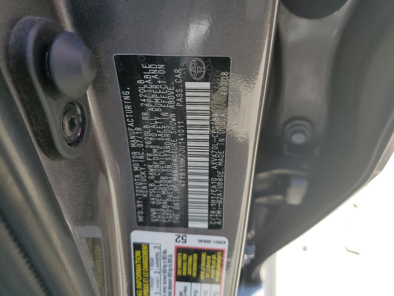 4T1B11HK7JU141011 2018 Toyota Camry L