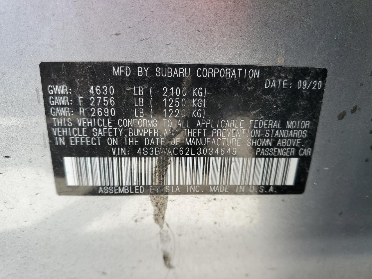 4S3BWAC62L3034649 2020 Subaru Legacy Premium