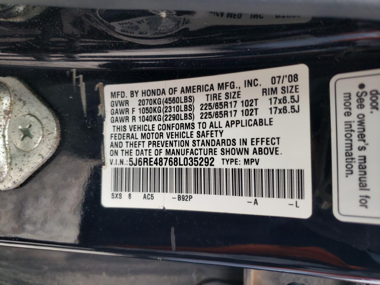 2008 Honda Cr-V Exl VIN: 5J6RE48768L035292 Lot: 51187274