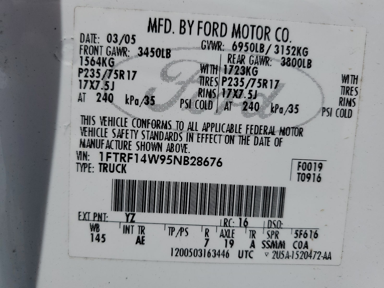 1FTRF14W95NB28676 2005 Ford F150