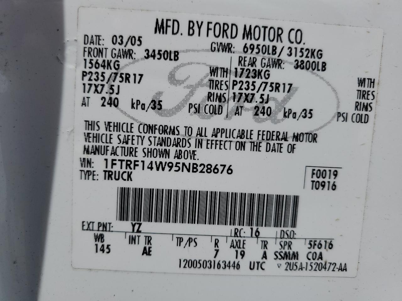 2005 Ford F150 VIN: 1FTRF14W95NB28676 Lot: 51139484