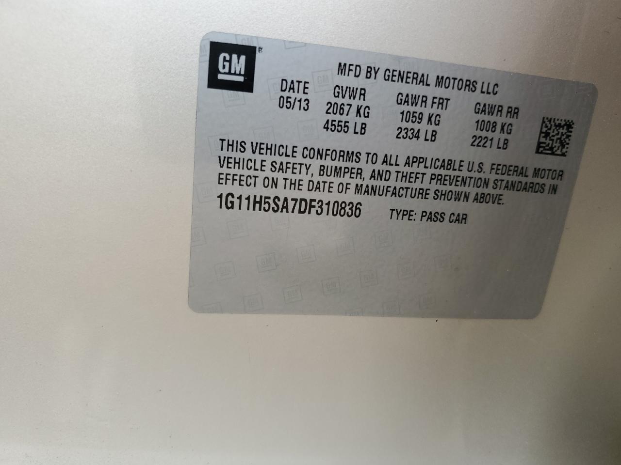 2013 Chevrolet Malibu Ltz VIN: 1G11H5SA7DF310836 Lot: 51341644