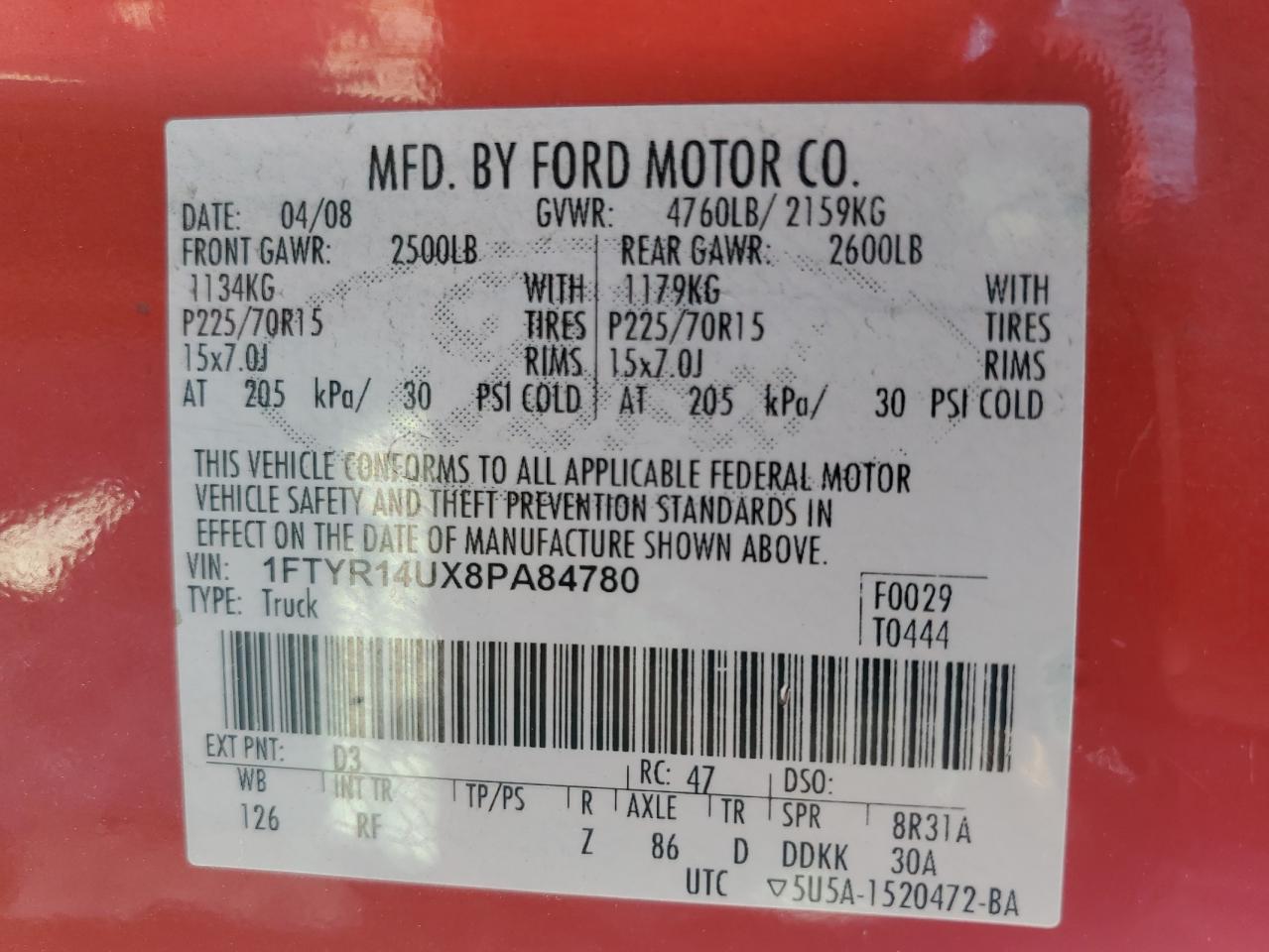 2008 Ford Ranger Super Cab VIN: 1FTYR14UX8PA84780 Lot: 52668894