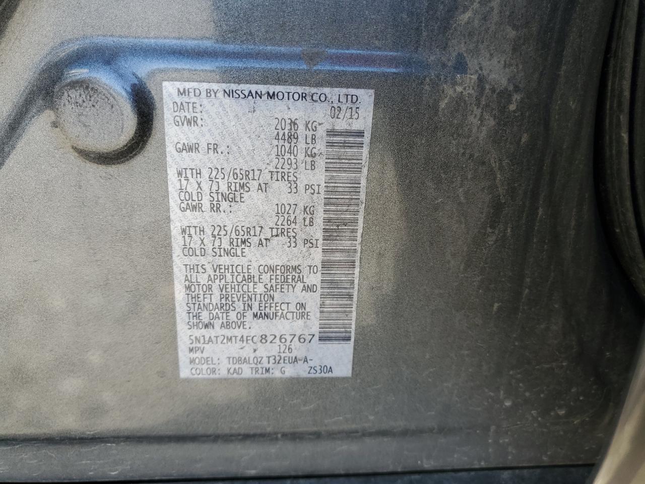 2015 Nissan Rogue S VIN: 5N1AT2MT4FC826767 Lot: 52630454