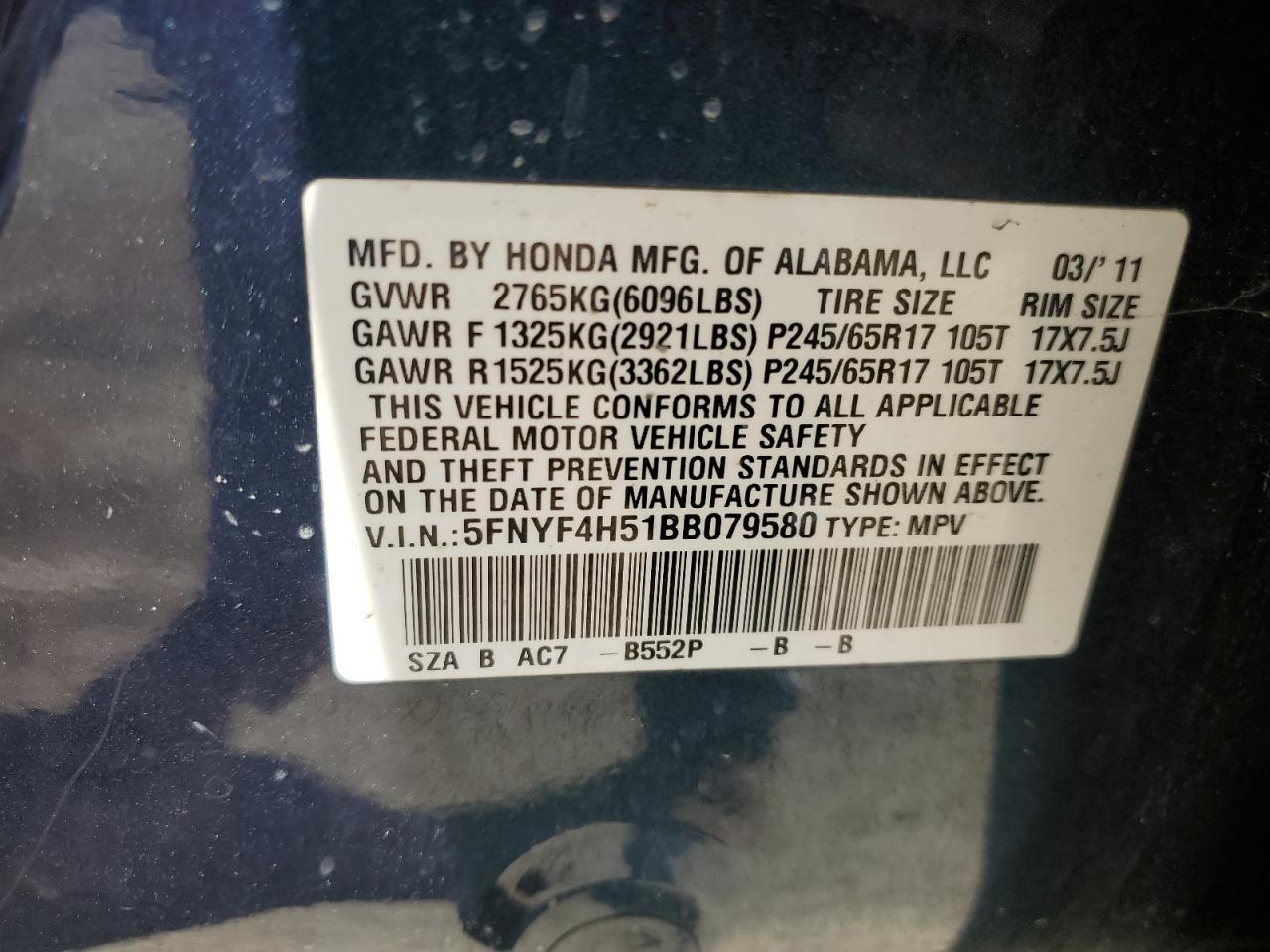 2011 Honda Pilot Exl VIN: 5FNYF4H51BB079580 Lot: 51612004