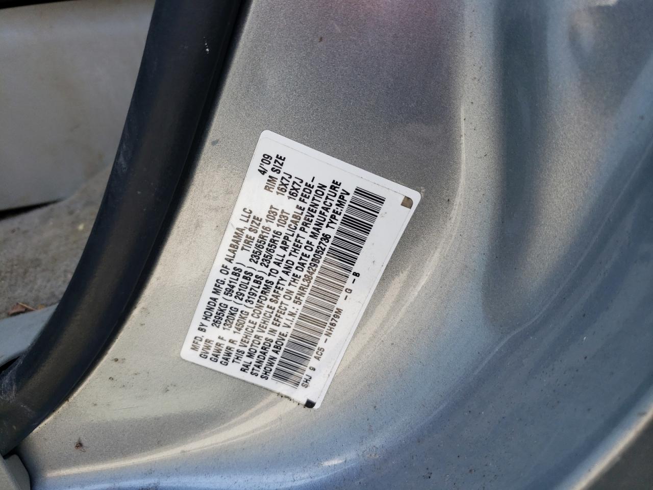 2009 Honda Odyssey Ex VIN: 5FNRL38429B052736 Lot: 51396584