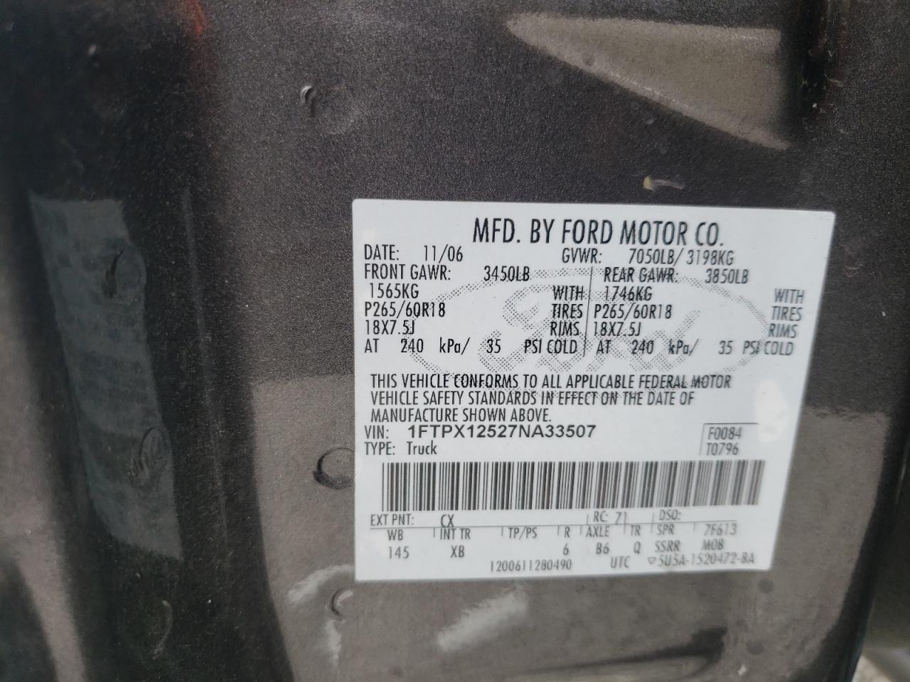 2007 Ford F150 VIN: 1FTPX12527NA33507 Lot: 51613184