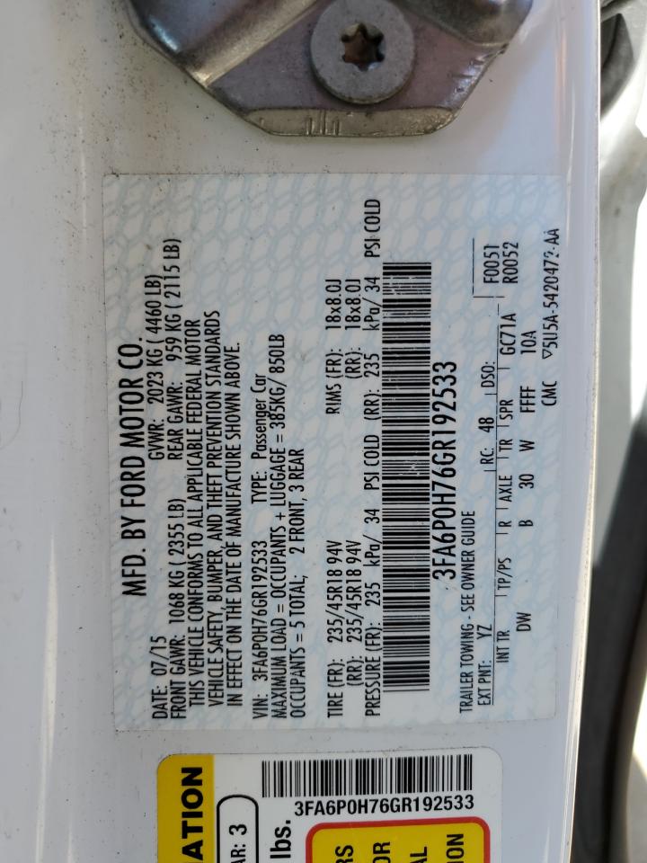 2016 Ford Fusion Se VIN: 3FA6P0H76GR192533 Lot: 51494434