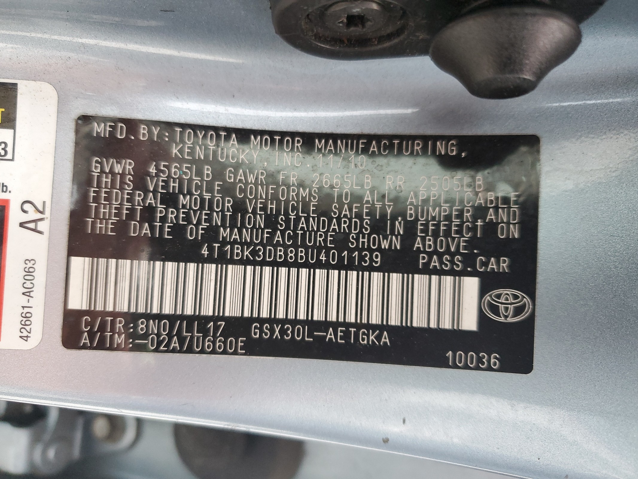 4T1BK3DB8BU401139 2011 Toyota Avalon Base