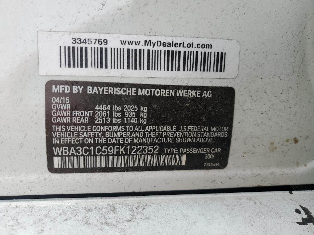 2015 BMW 328 I Sulev VIN: WBA3C1C59FK122352 Lot: 51834864