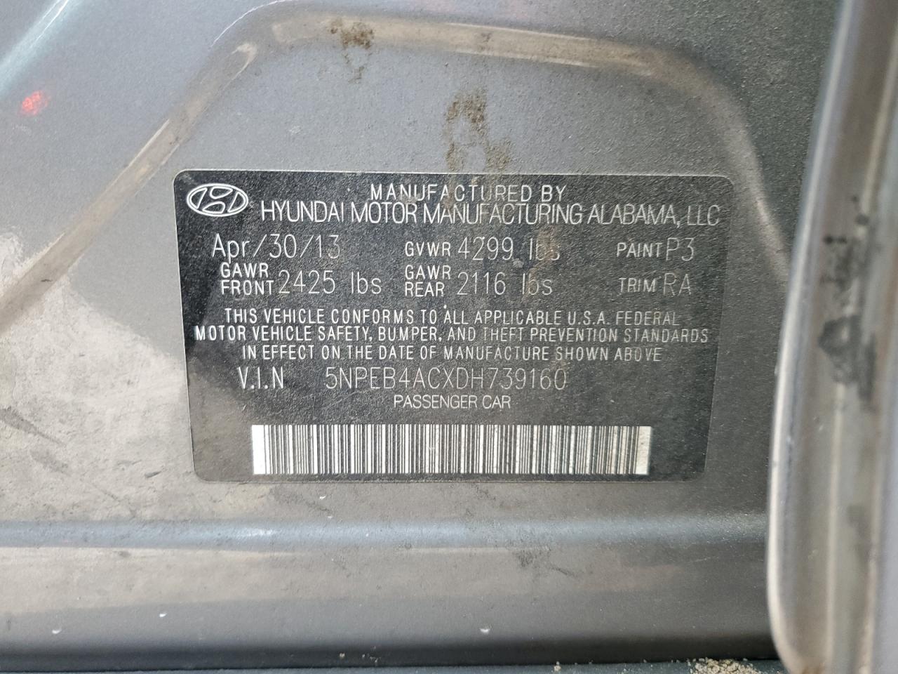 2013 Hyundai Sonata Gls VIN: 5NPEB4ACXDH739160 Lot: 51562534