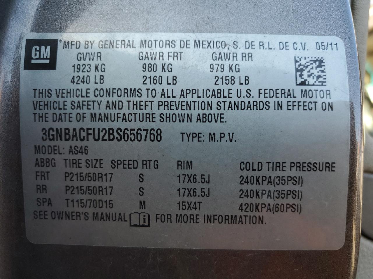 2011 Chevrolet Hhr Lt VIN: 3GNBACFU2BS656768 Lot: 51084175