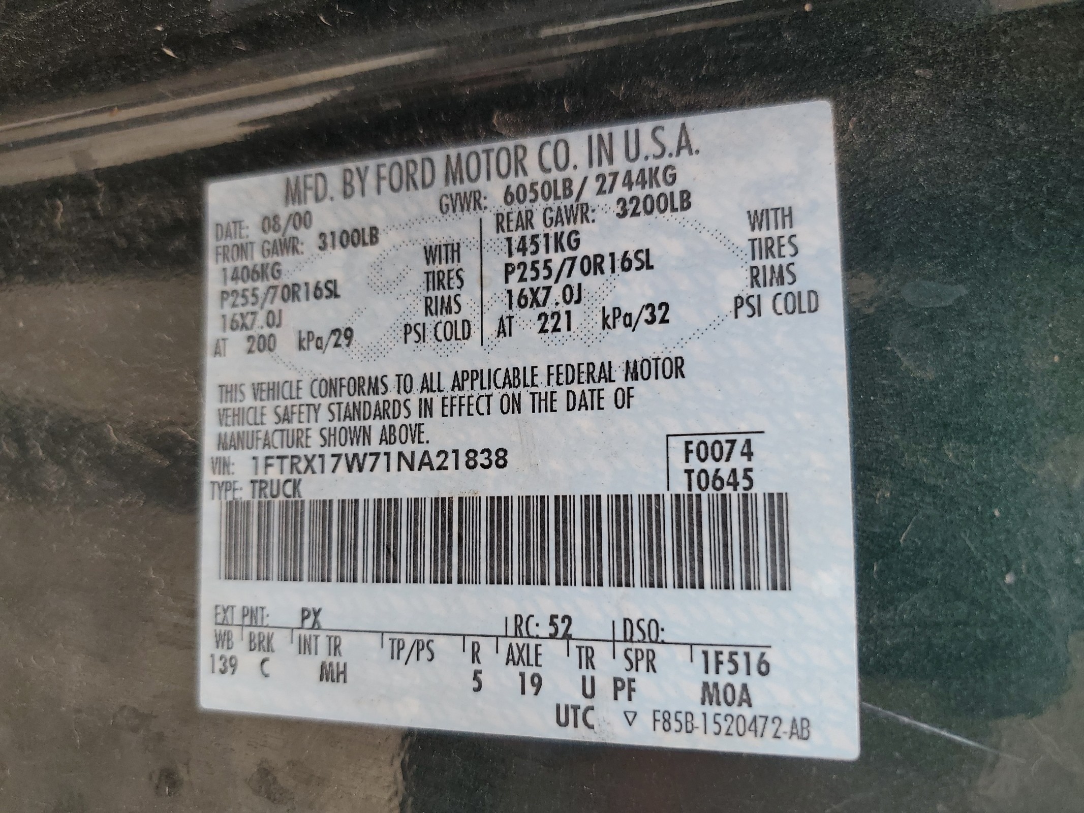 1FTRX17W71NA21838 2001 Ford F150