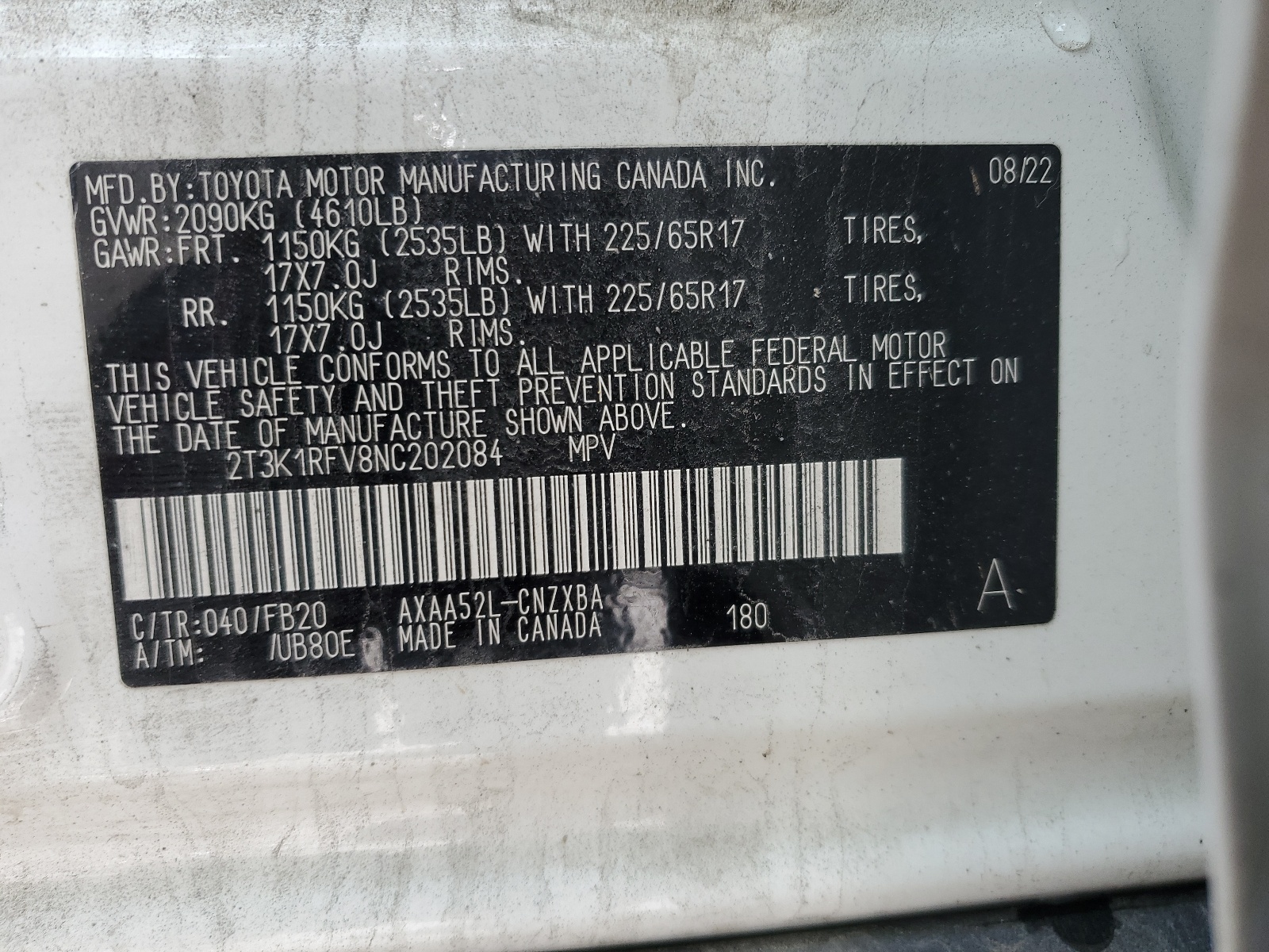 2T3K1RFV8NC202084 2022 Toyota Rav4 Le