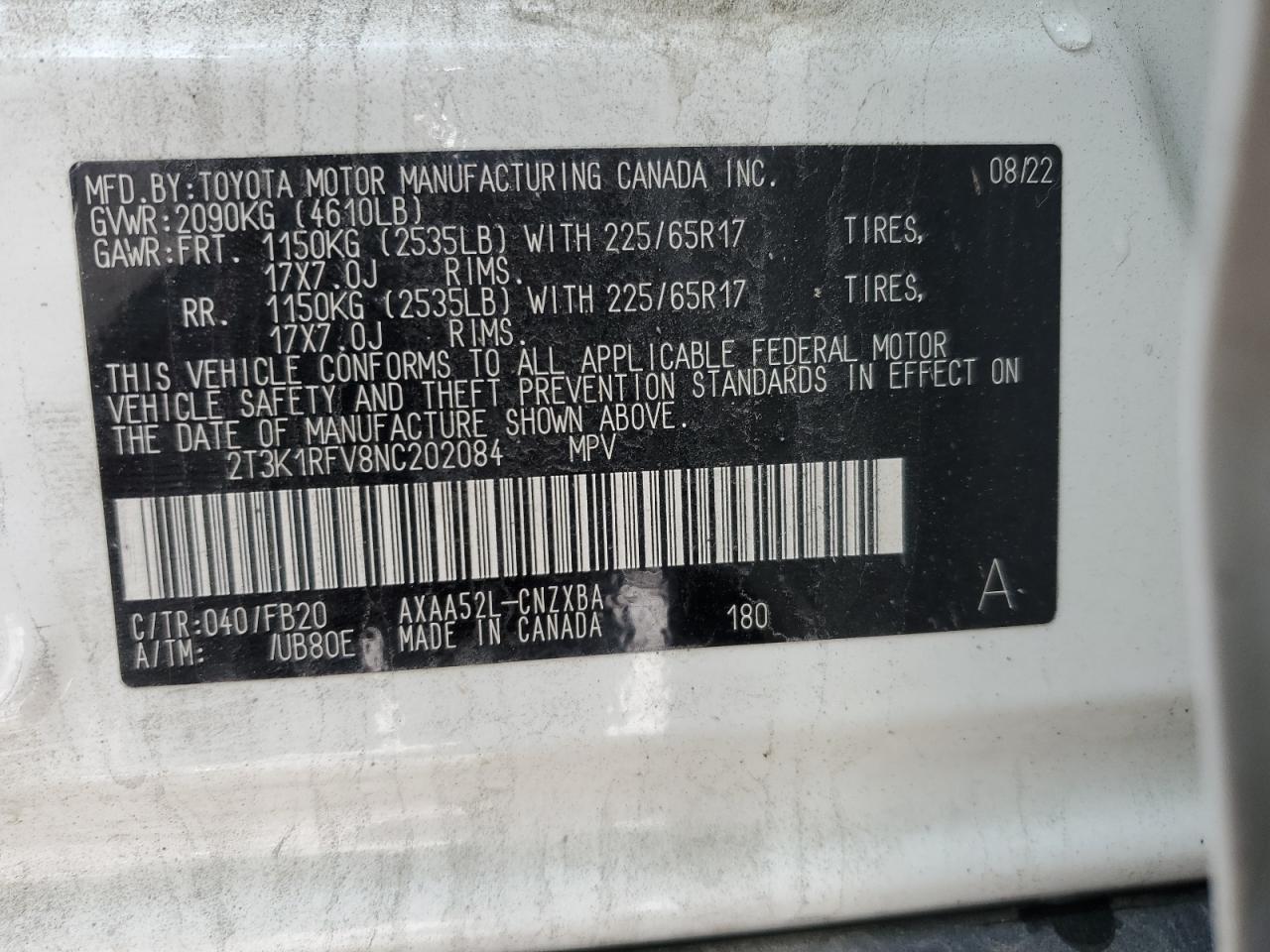 2022 Toyota Rav4 Le VIN: 2T3K1RFV8NC202084 Lot: 49742964
