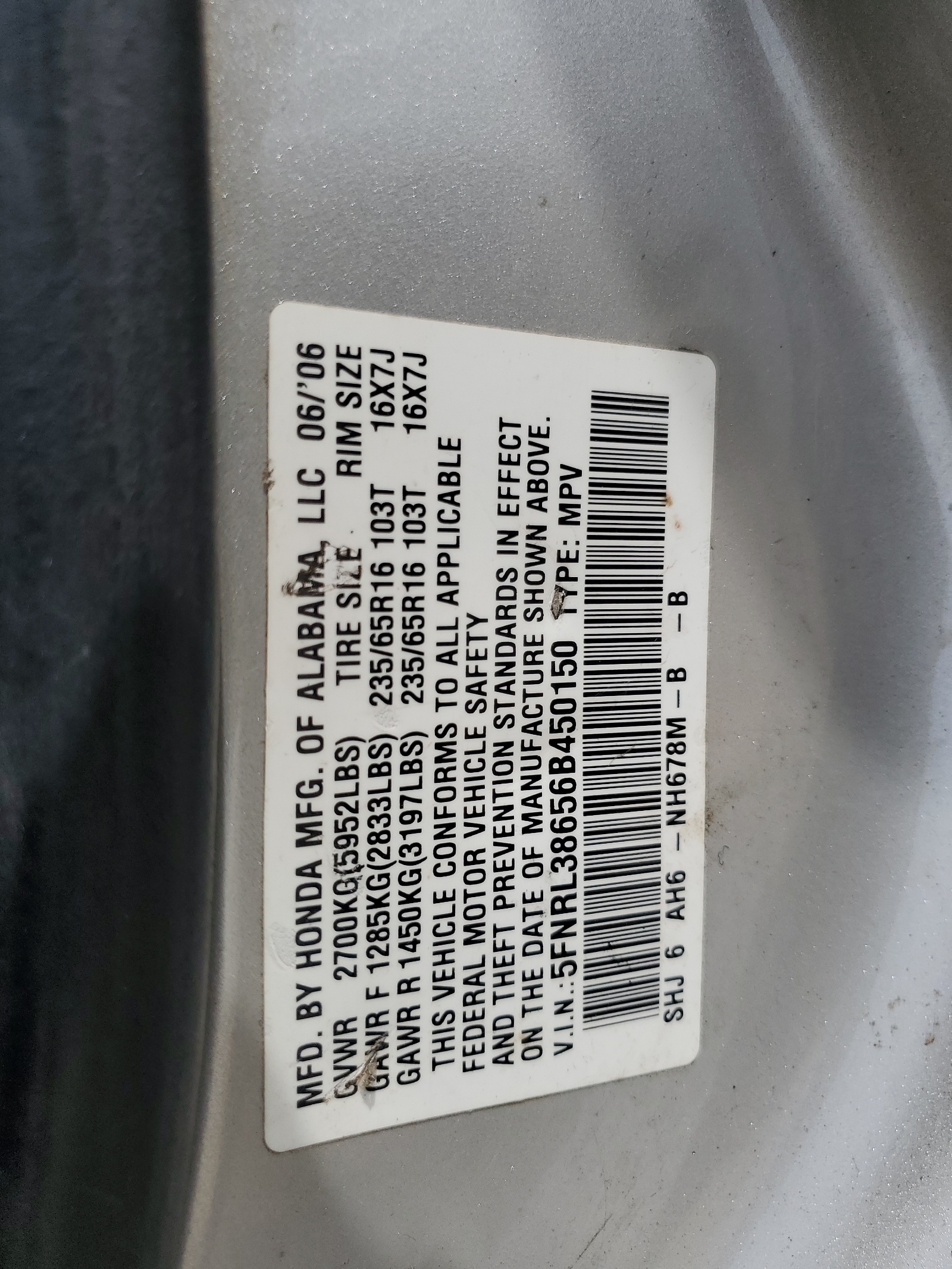 5FNRL38656B450150 2006 Honda Odyssey Exl