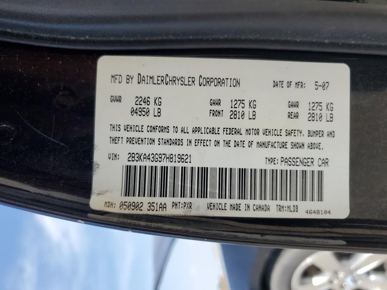 2007 Dodge Charger Se VIN: 2B3KA43G97H819621 Lot: 50911474