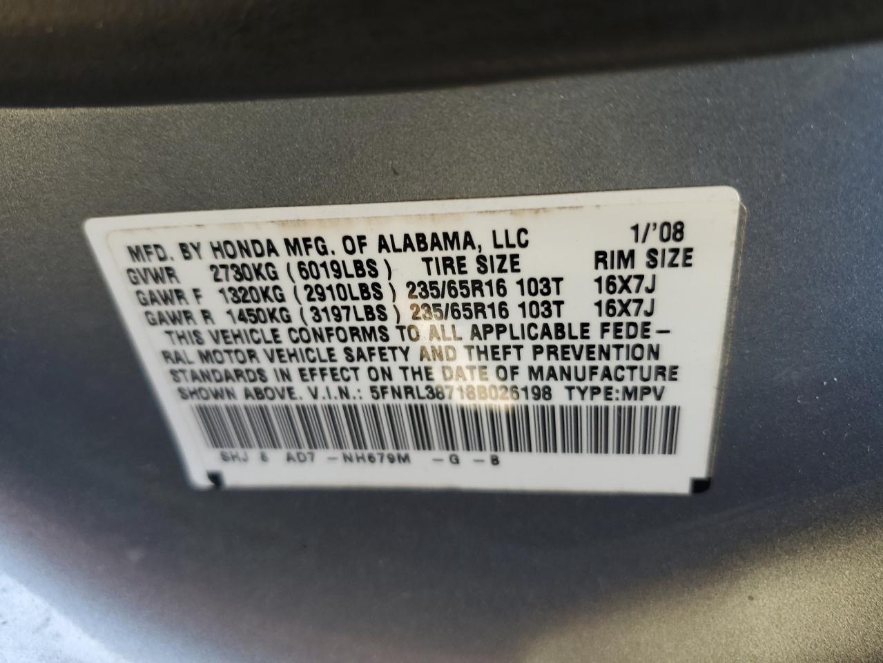 5FNRL38718B026198 2008 Honda Odyssey Exl