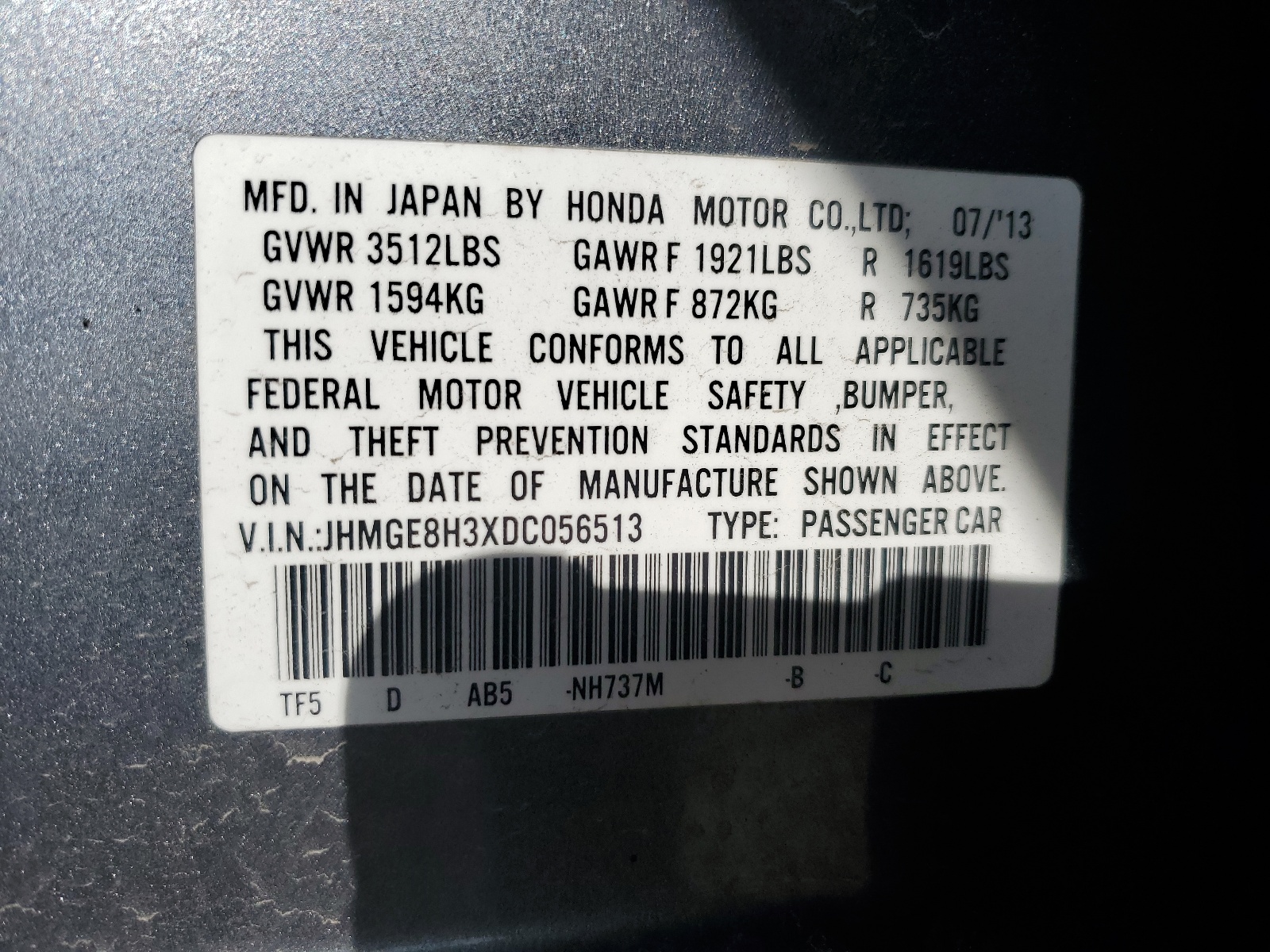 JHMGE8H3XDC056513 2013 Honda Fit