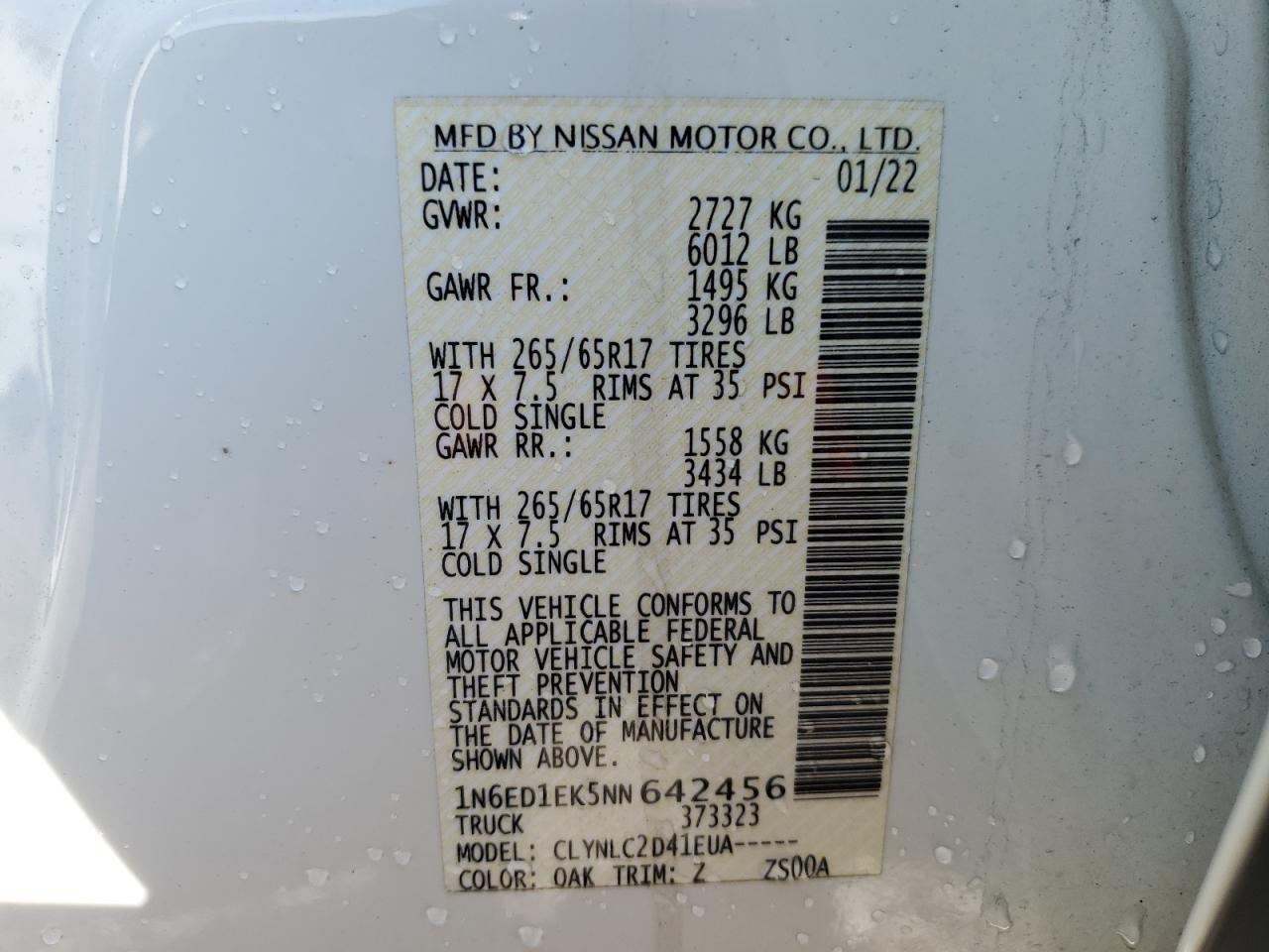 1N6ED1EK5NN642456 2022 Nissan Frontier S