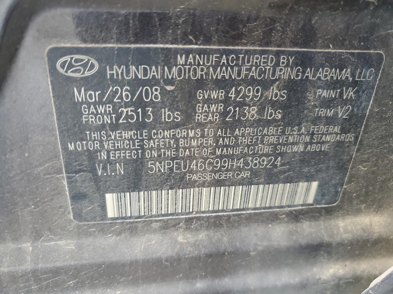 5NPEU46C99H438924 2009 Hyundai Sonata Se