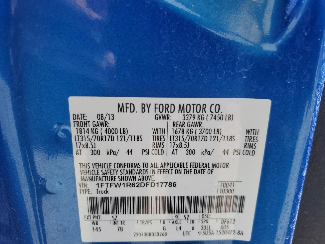 2013 Ford F150 Svt Raptor VIN: 1FTFW1R62DFD17786 Lot: 47753004