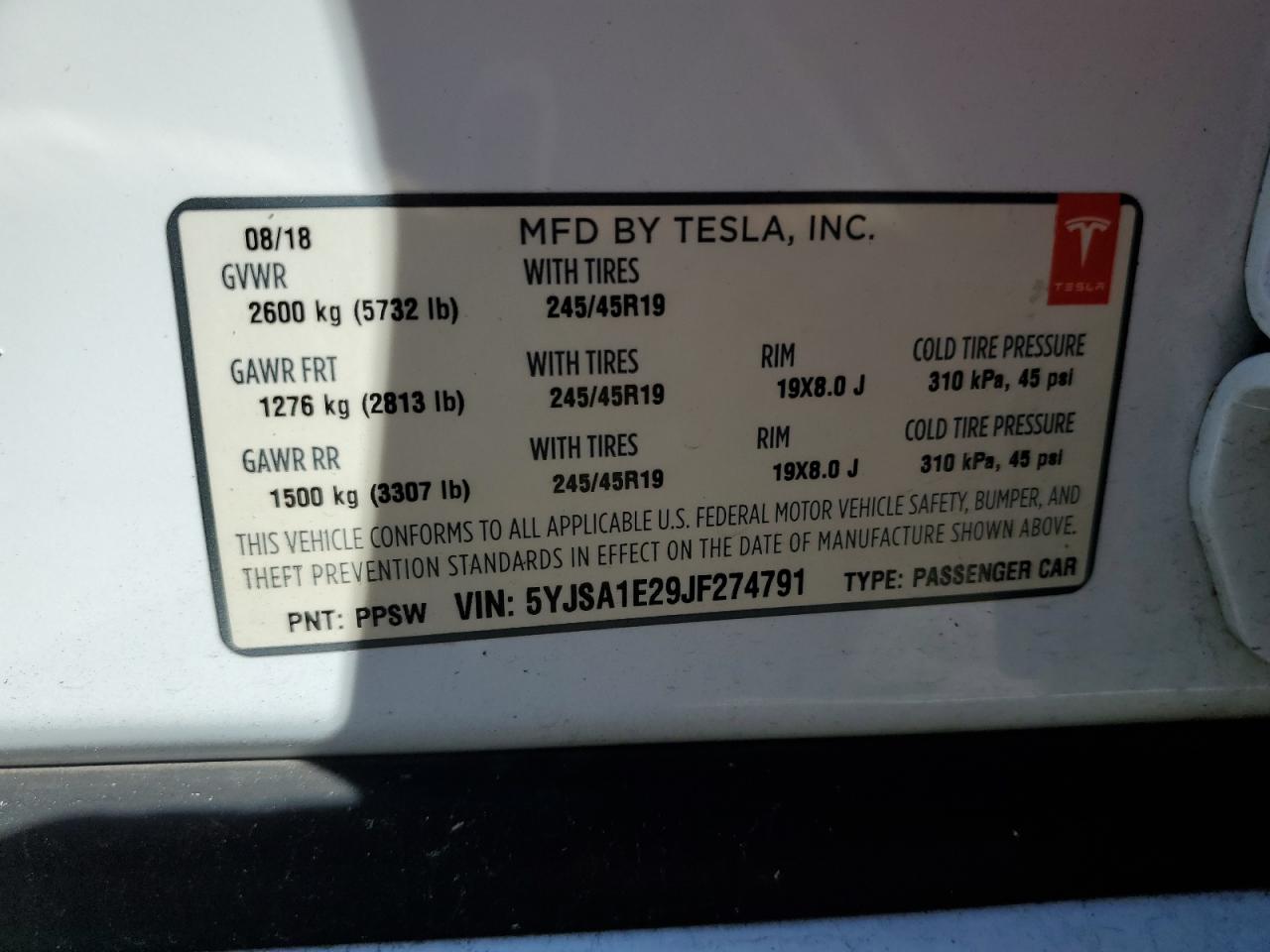 2018 Tesla Model S VIN: 5YJSA1E29JF274791 Lot: 47389564