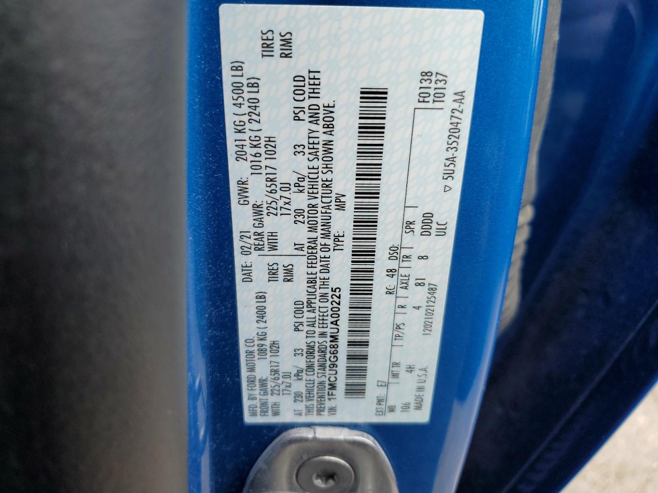 2021 Ford Escape Se VIN: 1FMCU9G68MUA00225 Lot: 52659904