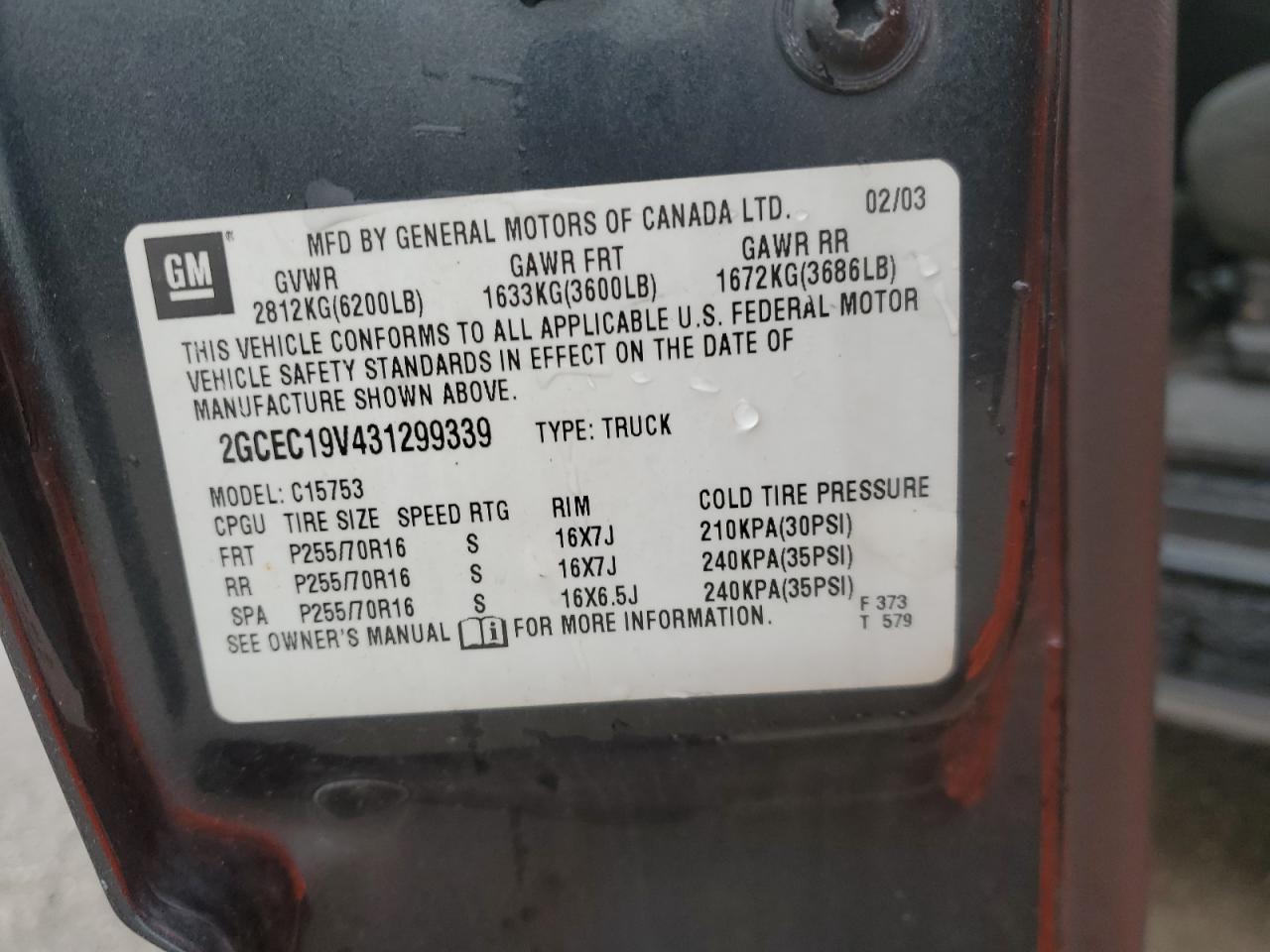 2003 Chevrolet Silverado C1500 VIN: 2GCEC19V431299339 Lot: 50763654