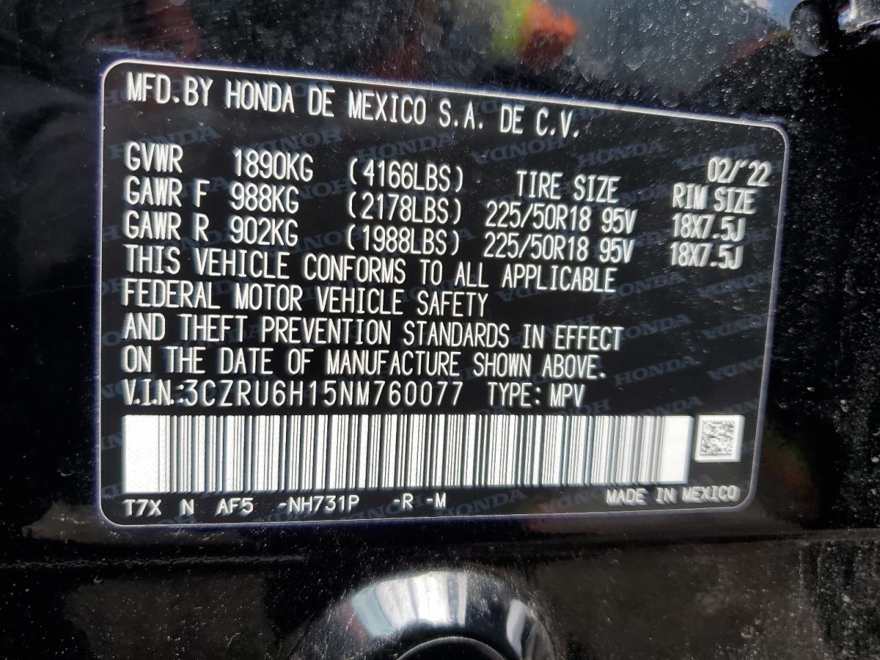 2022 Honda Hr-V Sport VIN: 3CZRU6H15NM760077 Lot: 48876814