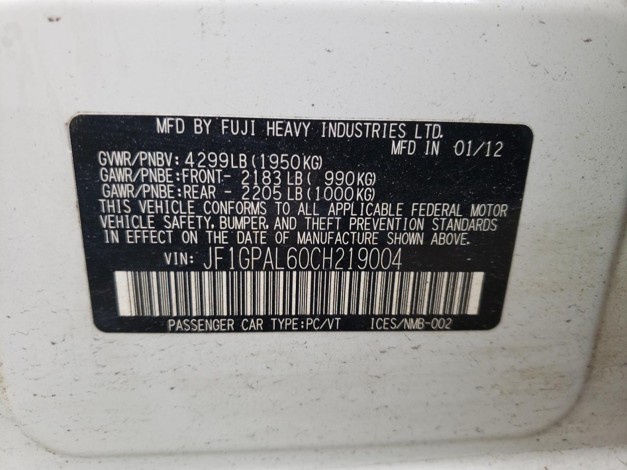 2012 Subaru Impreza Sport Premium VIN: JF1GPAL60CH219004 Lot: 50535124