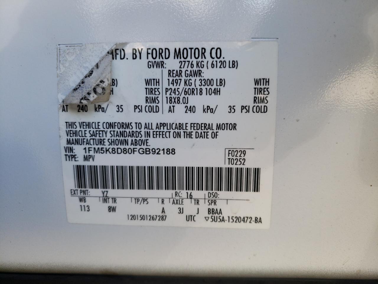 1FM5K8D80FGB92188 2015 FORD EXPLORER - Image 14