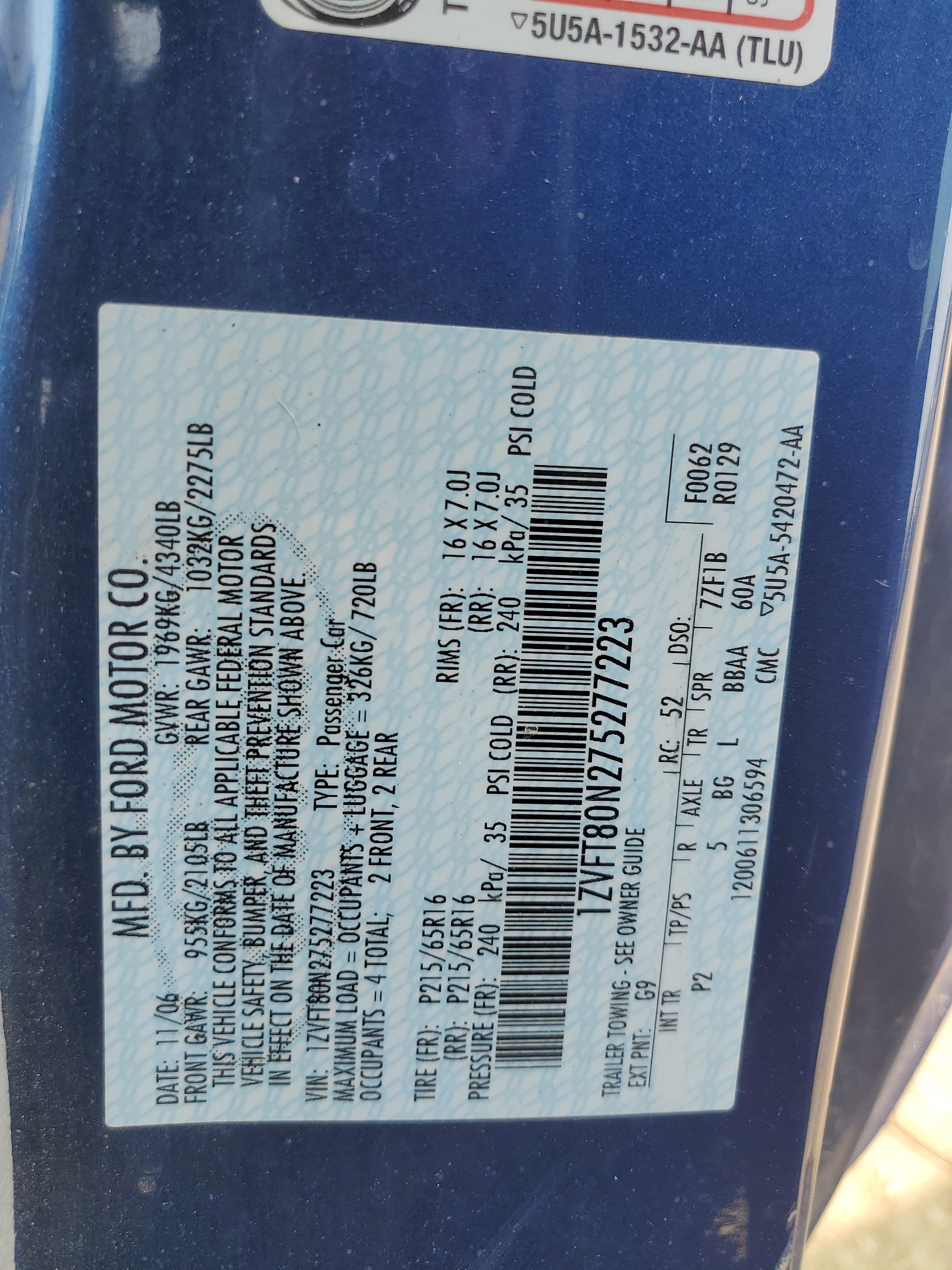 1ZVFT80N275277223 2007 Ford Mustang