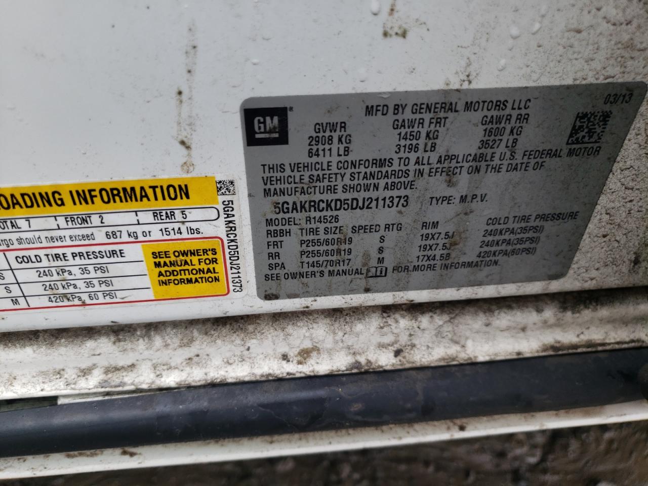 2013 Buick Enclave VIN: 5GAKRCKD5DJ211373 Lot: 50284064