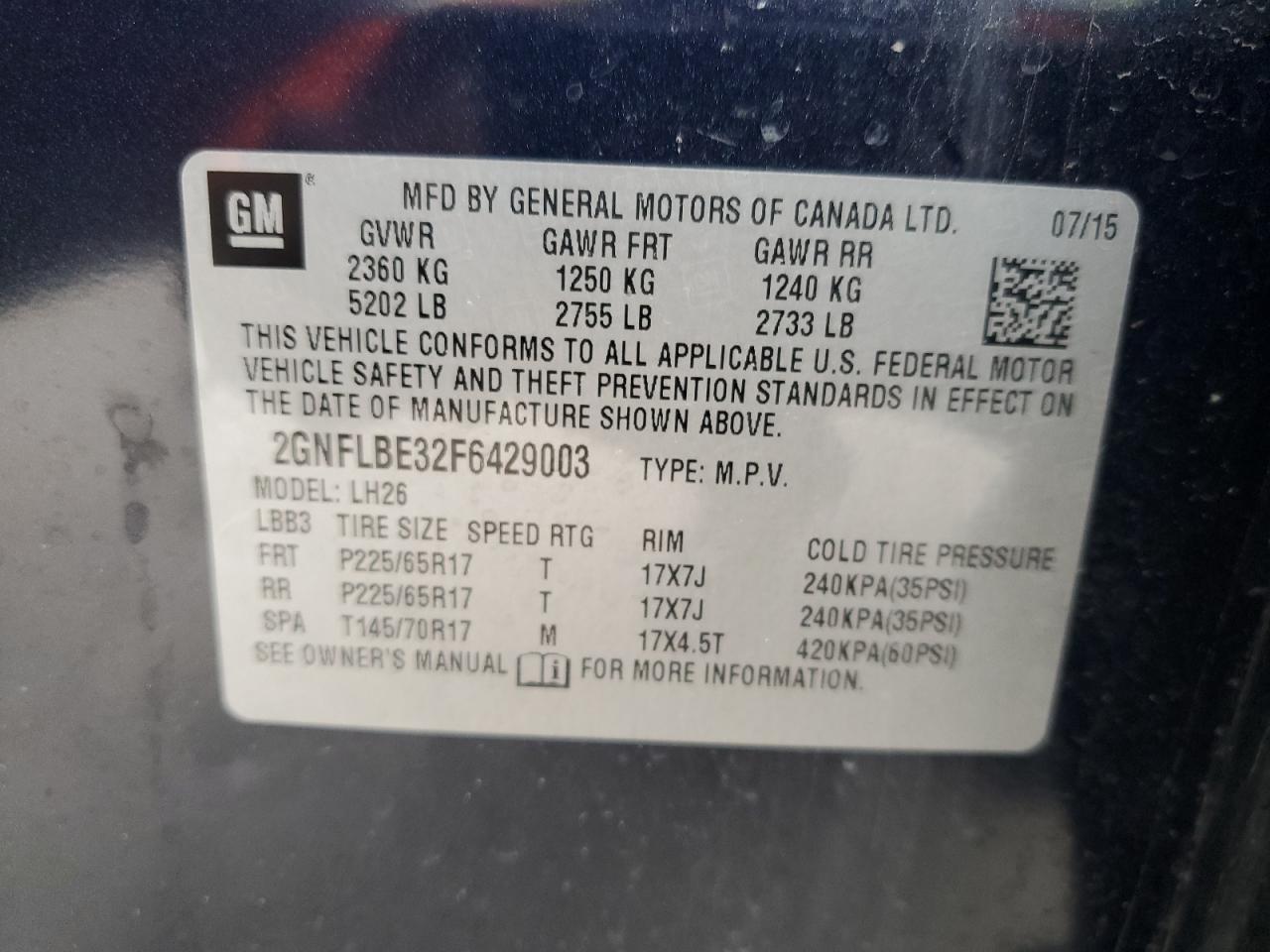 2GNFLBE32F6429003 2015 Chevrolet Equinox Lt