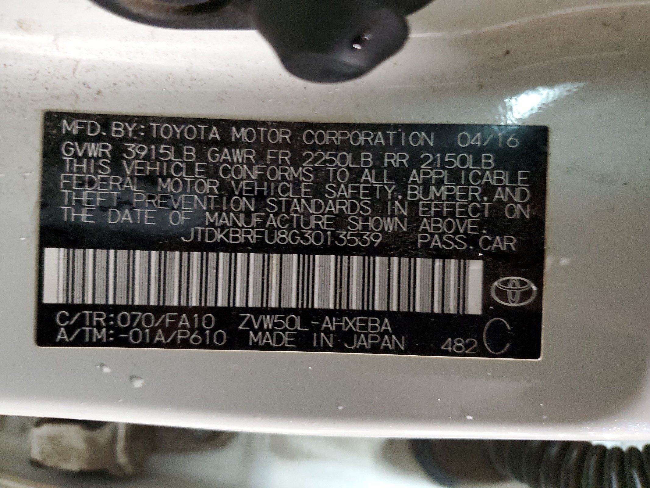 JTDKBRFU8G3013539 2016 Toyota Prius