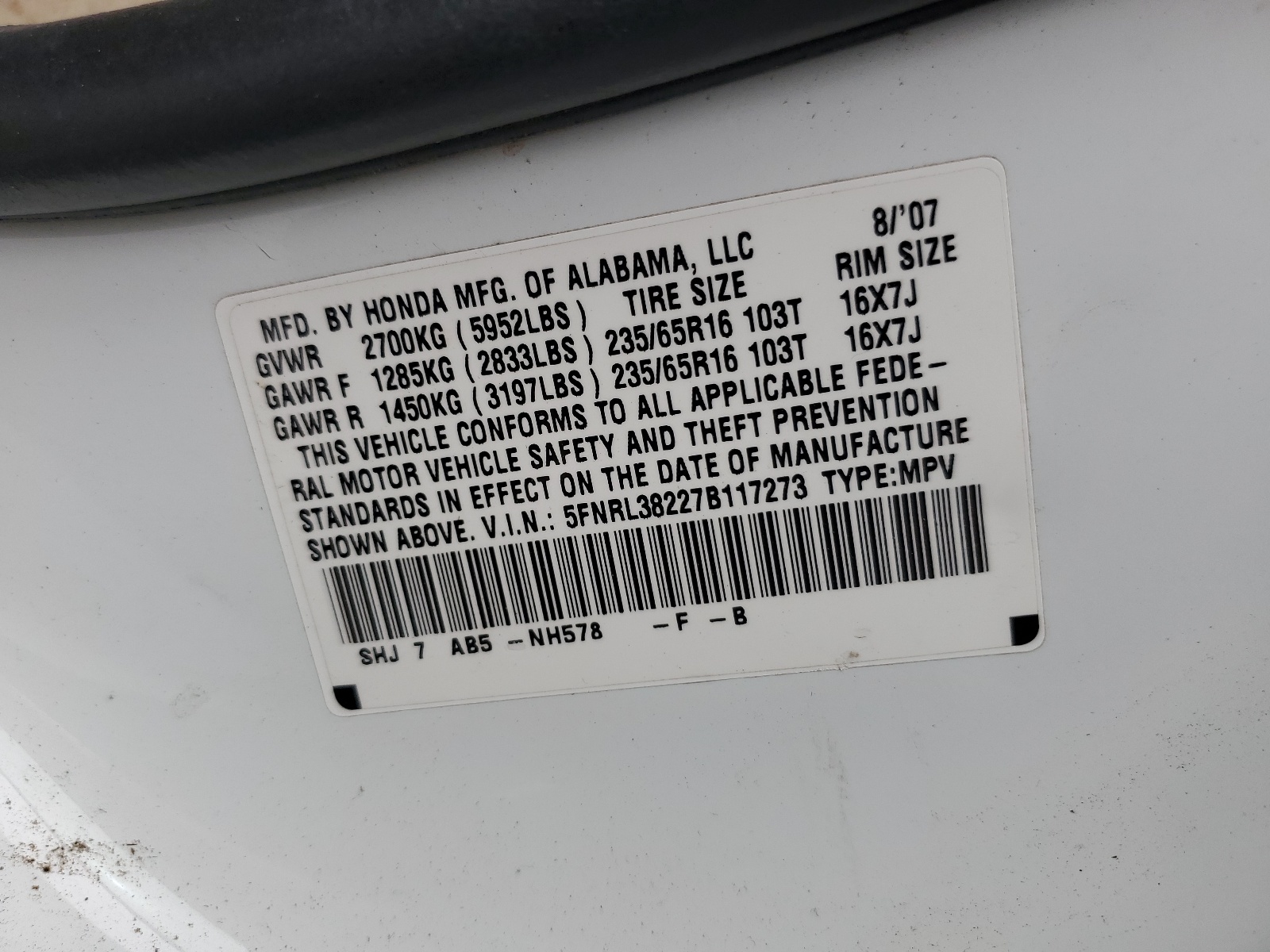 5FNRL38227B117273 2007 Honda Odyssey Lx