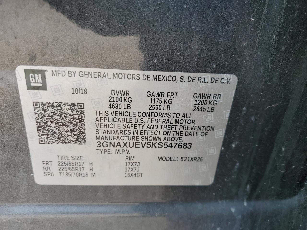 3GNAXUEV5KS547683 2019 Chevrolet Equinox Lt