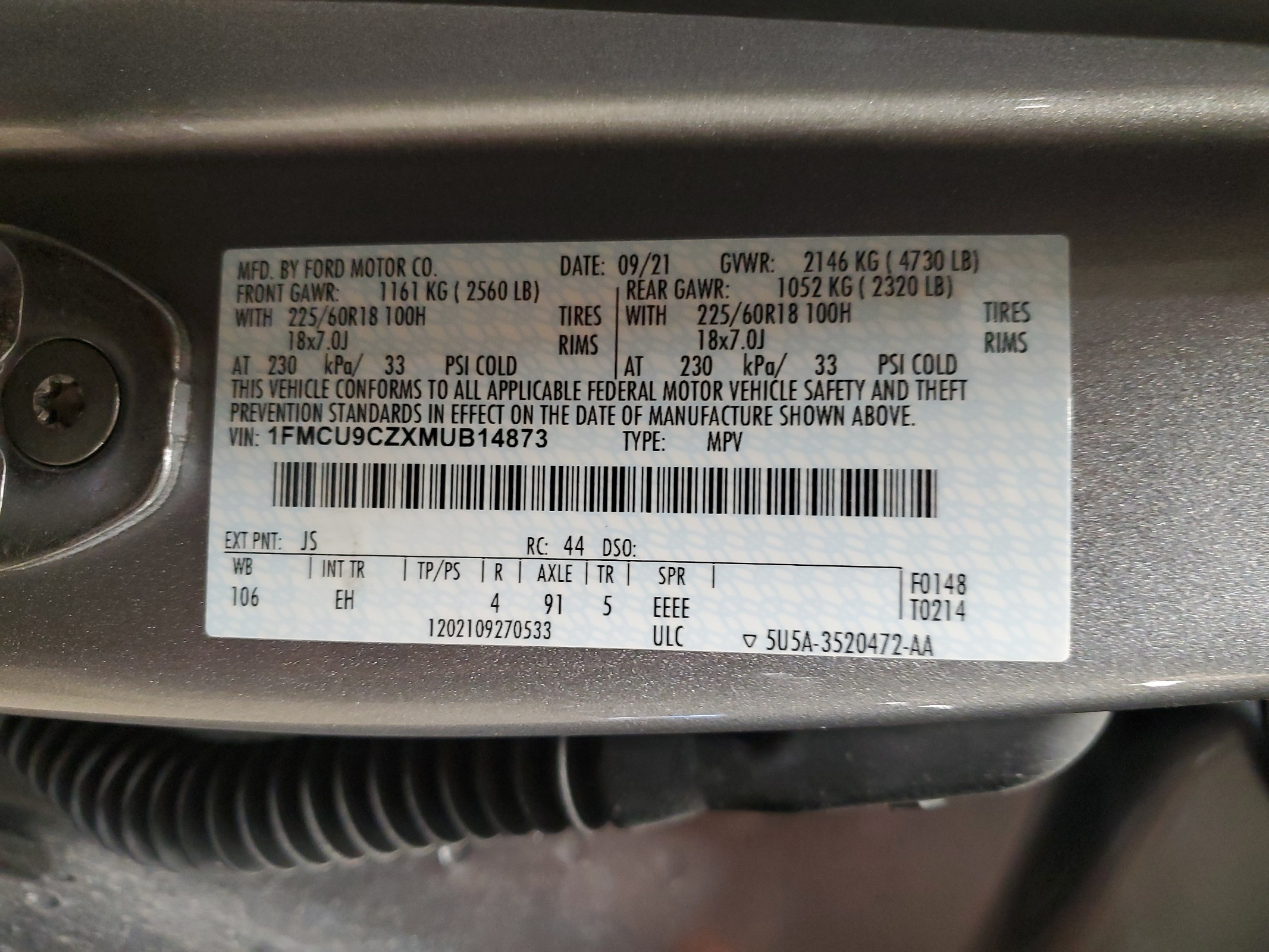 2021 Ford Escape Sel vin: 1FMCU9CZXMUB14873