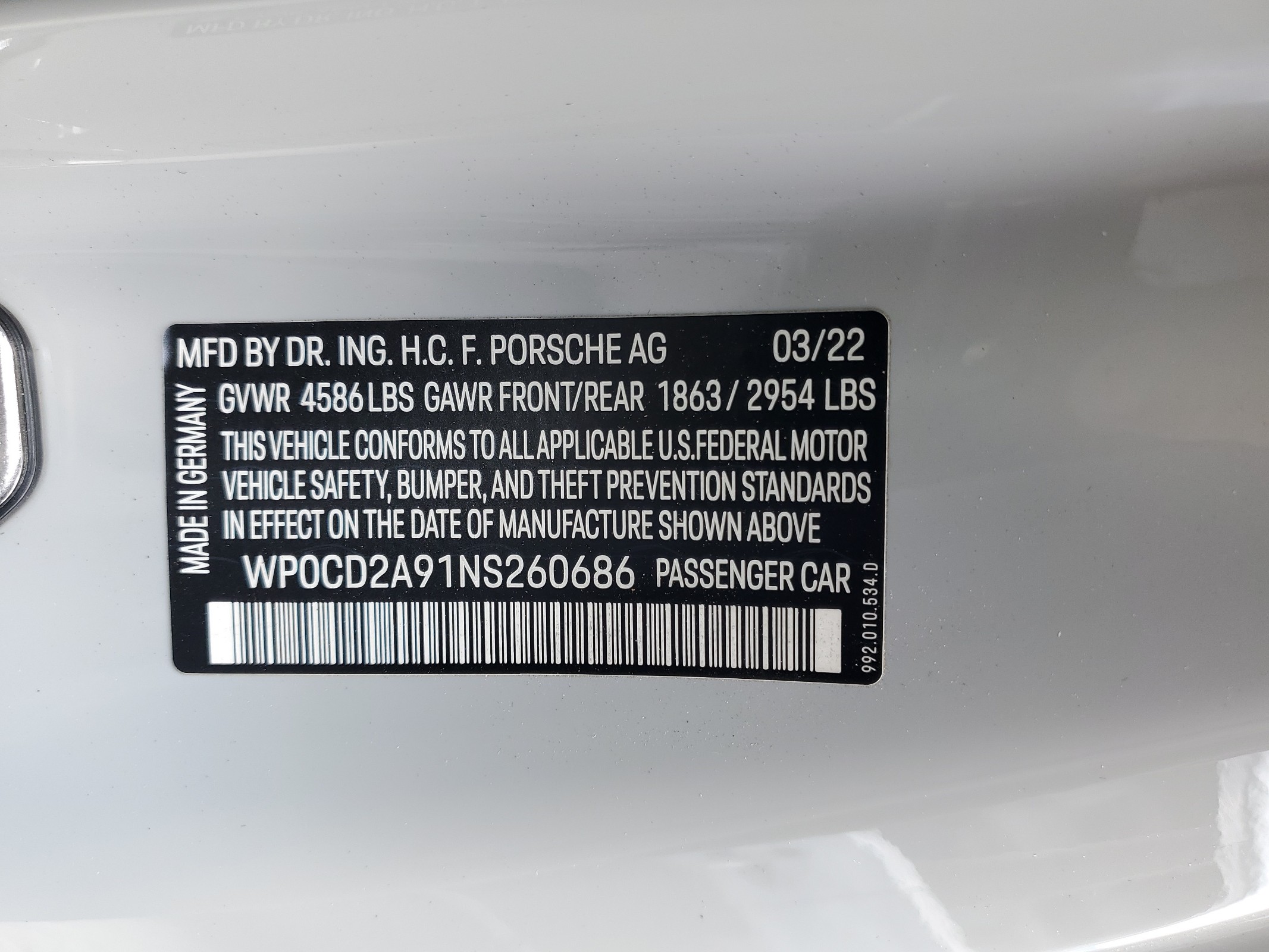 WP0CD2A91NS260686 2022 Porsche 911 Turbo