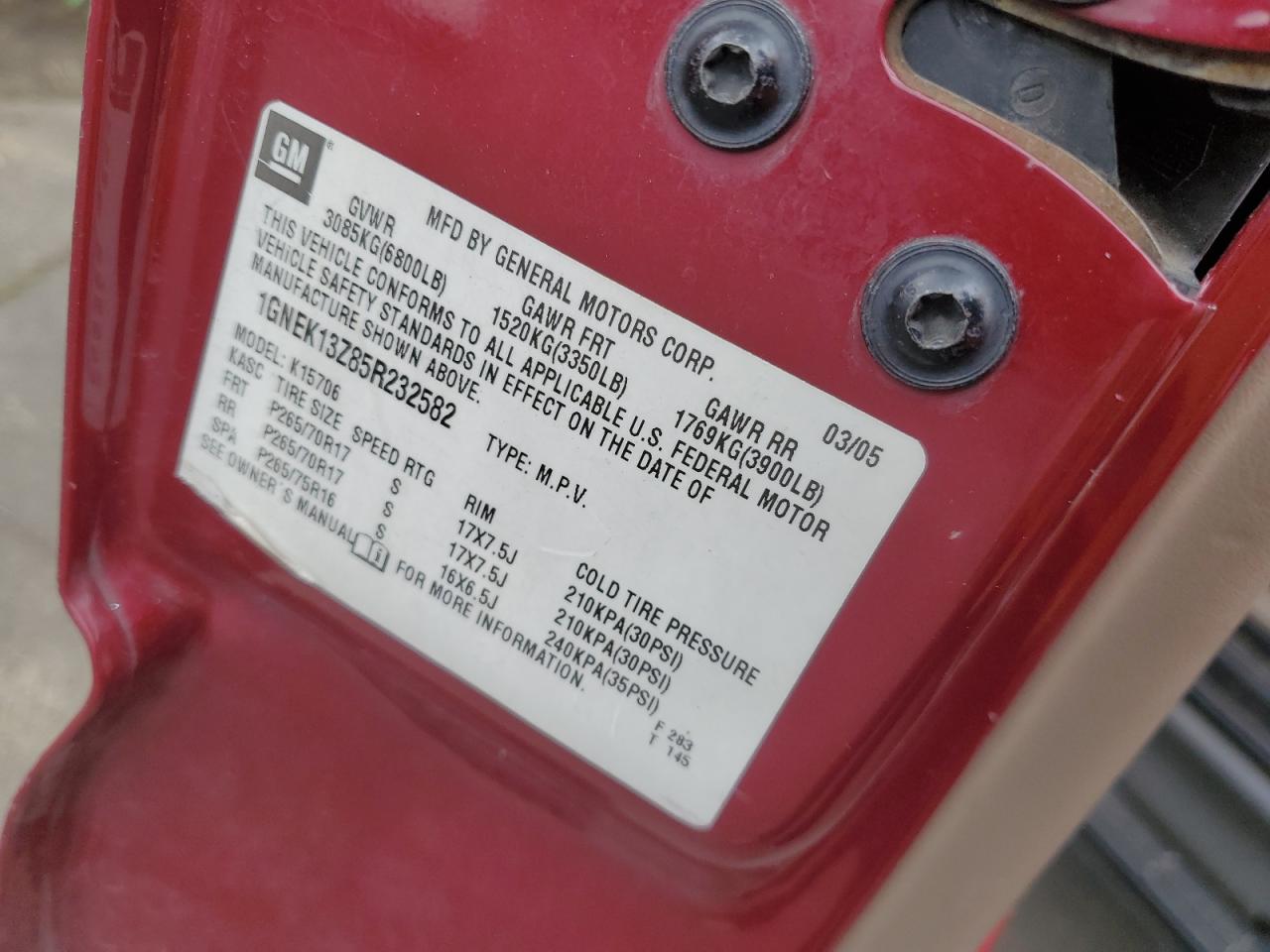 2005 Chevrolet Tahoe K1500 VIN: 1GNEK13Z85R232582 Lot: 52705274